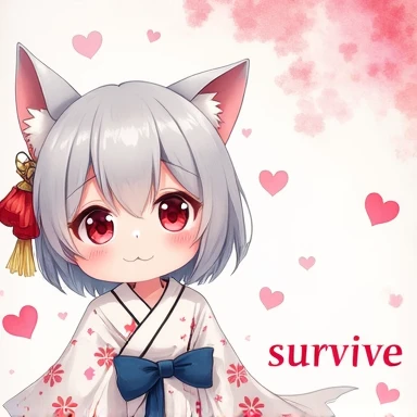 One Woman,Gray Hair,Cat ear,((Chibi Character)) Heterochromia iridis,Eye color,red,White kimono,Star Iris Background(Heart Background,Lots of hearts,pink,Watercolor style) smile,cute,Please enter text in the bottom right corner of the fantasy image,A very popular font,(((survive)))