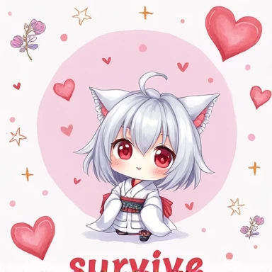 One Woman,Gray Hair,Cat ear,((Chibi Character)) Heterochromia iridis,Eye color,red,White kimono,Star Iris Background(Heart Background,Lots of hearts,pink,Watercolor style) smile,cute,Please enter text in the bottom right corner of the fantasy image,A very popular font,(((survive)))