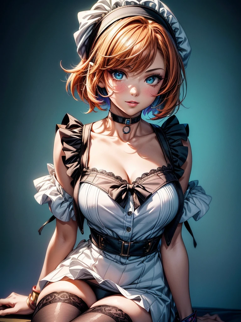 (masterpiece)(8k)(cute)(25-year old woman)(1girl:1.5)(solo:1.8)(from above)(running)(facial close-up)(wild messy hair:1.3)(short hair:1.3)(orange hair)(flat chest:1.6)(white bandana:1.2)(lime green pupils)(glossy skin)(glossy lips:1.3)(glossy eye-shadow:1.5)(choker necklace)(apron:1.5)(knee high socks:1.3)(happy)(smmile:1.3)(wind)(magazine:1.3)(cover-style:1.3) rossdraws pastel vibrant, rossdraws cartoon vibrant, style anime 8k, beautiful portrait, artgerm colorful!!!, ! dream artgerm, beautiful anime girl, styled digital art, art wallpaper 8k, digital art, extremely detailed artgerm,