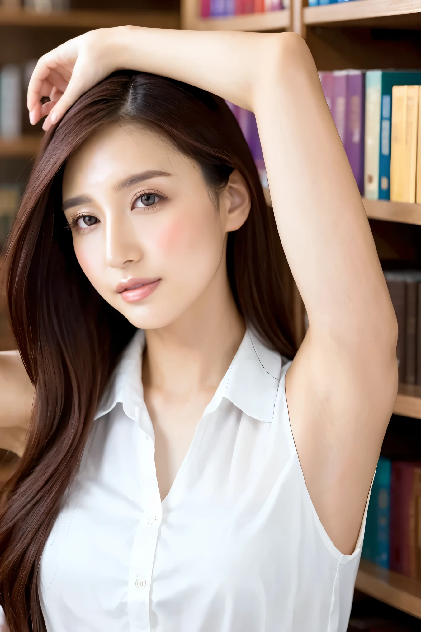 (Highest quality、Tabletop、8k、Award-winning works、Ultra-high resolution、Best image quality)、One beautiful woman、(The perfect sleeveless white collared blouse:1.3)、(Large Breasts:1.3)、(Accentuate your body lines:1.1)、(Elegant glasses:1.2)、library、(Standing Elegantly:1.1)、(Strongly blurred background:1.1)、Stand next to a bookshelf、(Perfectly organized bookshelf:1.1)、Bookshelf in the background、居心地の良いlibrary、lipstick、Long eyelashes、Perfect Makeup、Emphasize lines、Soft and warm lighting、Detailed bookshelf、(Ultra-high resolutionの正確な美しい髪:1.1)、(Accurate anatomy:1.2)、Ultra-high definition beautiful eyes、(Super bright and radiant skin:1.1)、(Face close-up:1.1)、(Expressionless:1.2)、expose forehead、(nose:1.2)