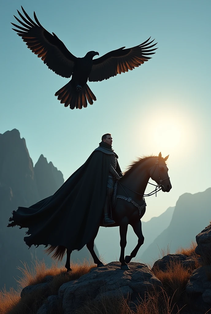 black eagle flying , knight dressed in black robes riding a sturdy black horse