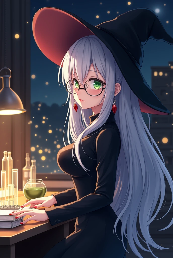 detailed anime, 8K UHD, fantasy themed, ((night, night sky)), from side, 1girl, solo, long hair, looking at viewer, bangs, green eyes, large breasts, long sleeves, hair between eyes, red lips, jewelry, Close shot, white hair, red earrings, parted lips, glasses, black dress, black headwear, witch hat, round eyewear, ((very dark room:1.2)), indoors, test tubes on desk, laboratory, books, ((golden sparkling magic))