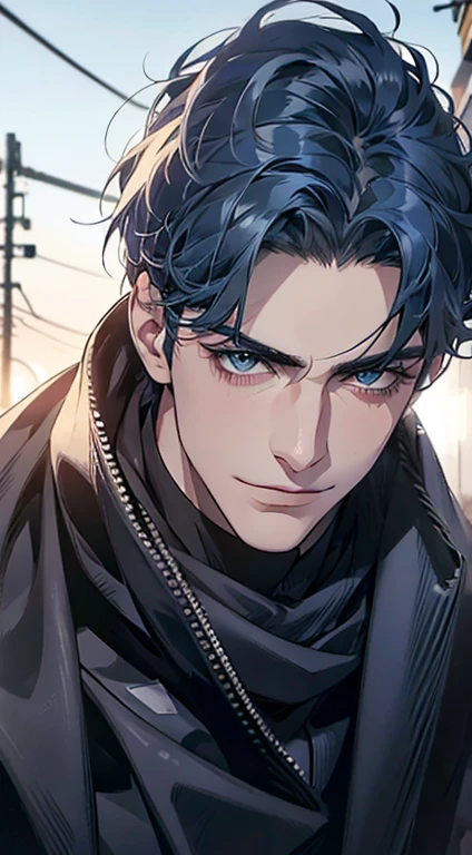 (best quality,4k,8k,highres,masterpiece:1.2),ultra-detailed,(realistic,photorealistic,photo-realistic:1.37),1 man,31 years old,mature man,very handsome,without expression,smile,short blue hair,blue eyes,penetrating gaze,perfect face without errors,imposing posture,businessman,office background,cinematic lighting,hdr image
