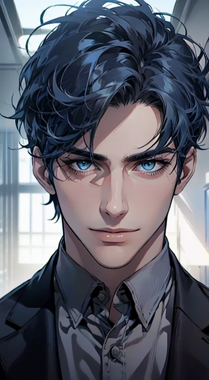 (best quality,4k,8k,highres,masterpiece:1.2),ultra-detailed,(realistic,photorealistic,photo-realistic:1.37),1 man,31 years old,mature man,very handsome,without expression,smile,short blue hair,blue eyes,penetrating gaze,perfect face without errors,imposing posture,businessman,office background,cinematic lighting,hdr image