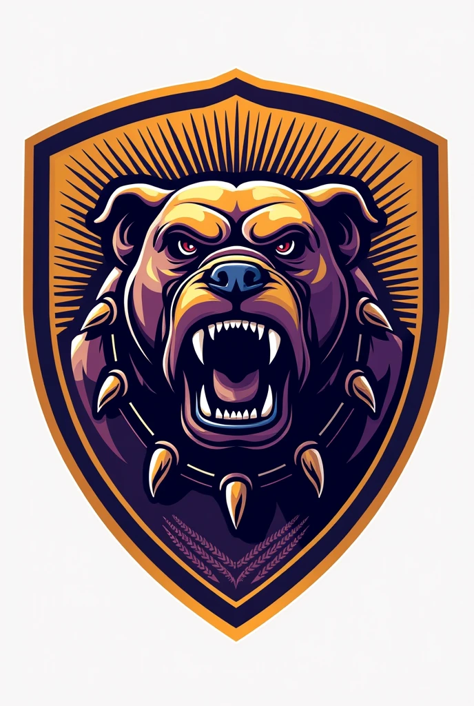 Create a shield for a football team called Barbalho GBC in Portuguese, purple and gold colors, bulldog