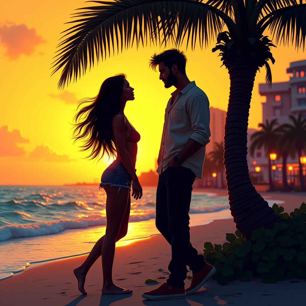 Black shadow of a girl flirting with a man on a beach in Vice City GTA, deep yellow sky