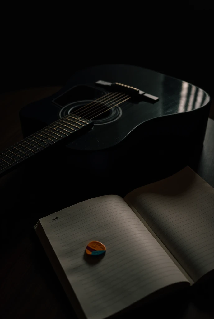 a black acustic guitar with a notebook next to it and a guitar pick on top of the notebook and no one just the guitar in a dark place with the acustic guitar lying down and the notebook on its side and a little close with the view a little higher