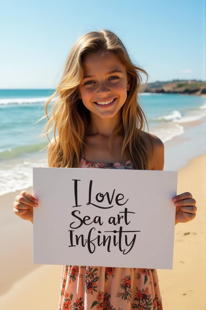 Beautiful girl with wavy long hair, bohemian dress, holding a white board with text "I Love Seaart Infinity" and showing it to the viewer