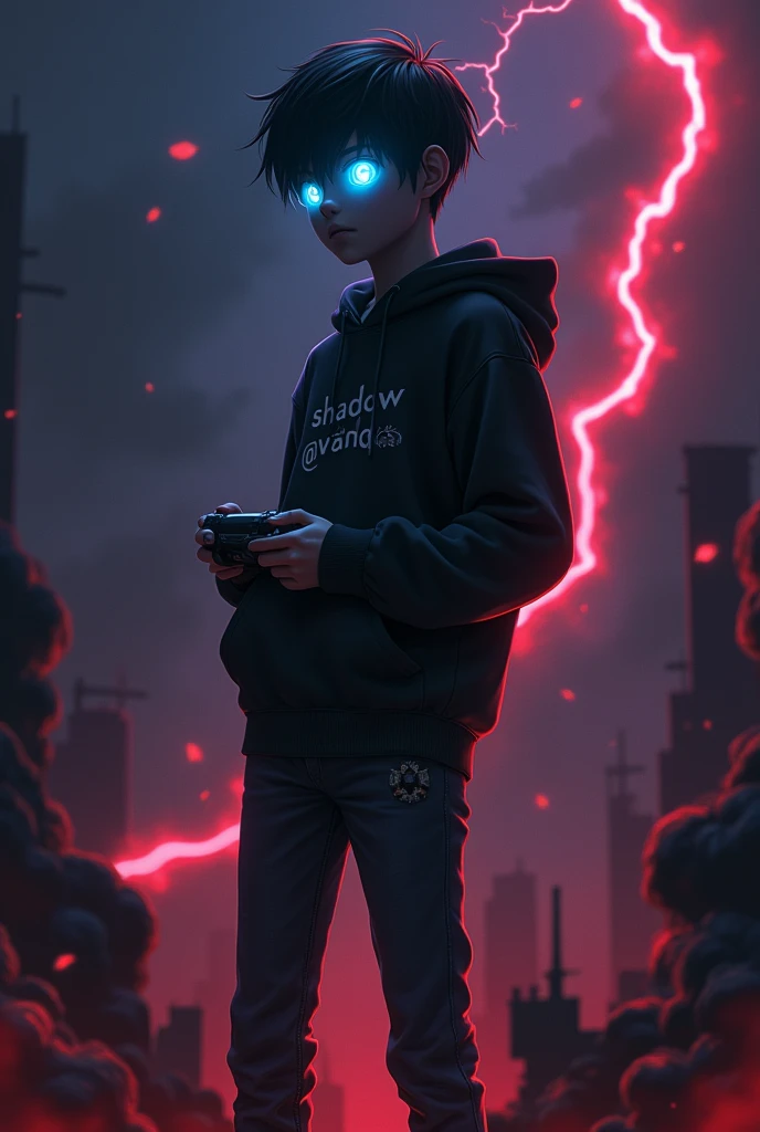 A shadow teen boy holding a PlayStation 5 controller ,anime style, while standing on a while standing on a shadow people, wearing a skinny jean,black hoodie written shadow@vanda,dark smoke arising in the background,with small blue glowing eyes with blue flame,with a small french crop hair style ,wear a facemask ultra hd ,side ways view , with red lightening