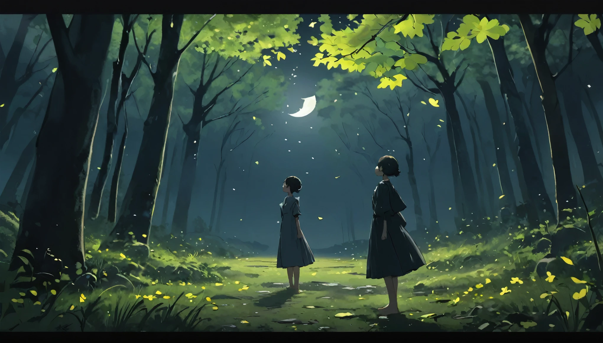 quality\(8k,Highly detailed CG unit wallpaper, masterpiece,High resolution,top-quality,top-quality real texture skin,surreal,Increase the resolution,RAW Photos,highest quality,Very detailed,wallpaper\),BREAK、Circle image、Walking through a ginkgo forest、Long Shot、The subject is small、Beautiful dark forest、Fade to black、Gradation、BREAK、One Girl、Barefoot、look up、Side Shot、Beautiful profile、look up、Almost black blue sky、Stars and clouds、Fresh perspectives、BREAK、Overall dark、Cinema Lighting、Very sophisticated lighting、