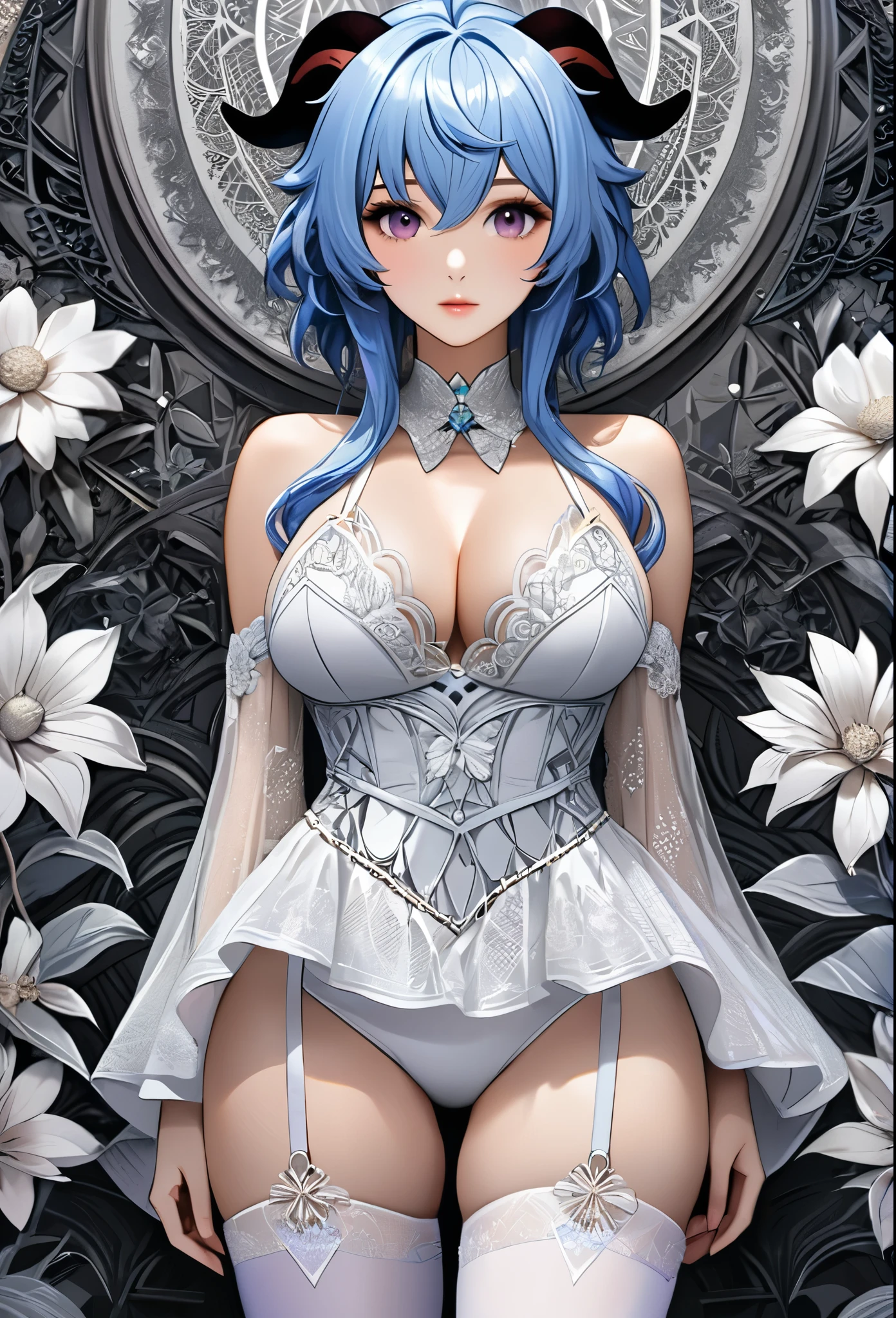 Ganyu, blue hair, purple eyes, gold details, genshin impact, absurdres, highres, ultra detailed, ultra-detailed background, detailed background, extremly detailed, 1girl,bunch of flowers, (zentangle:1.2), (geometric:1.2), black and white color palette, monochromatic, big breasts, cleavage, sideboob, lingerie, realistic depiction, portrait, close up, straight on, standing, contrapposto, thick thighs, thigh highs, 
