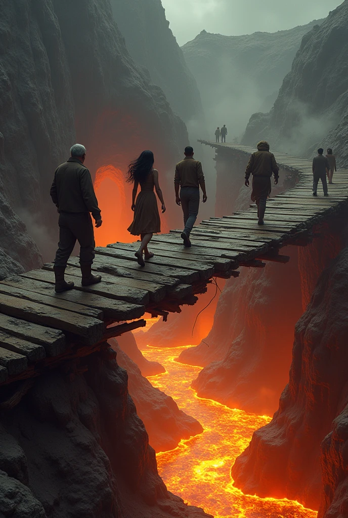 A huge wooden bridge in poor condition connected to a cave and another cave and under the bridge there is a river of lava. And three scientists crossing one to the other end of the bridge, one in the middle and the other at the beginning of the bridge.. They are a man, a woman with loose black hair and an old man.