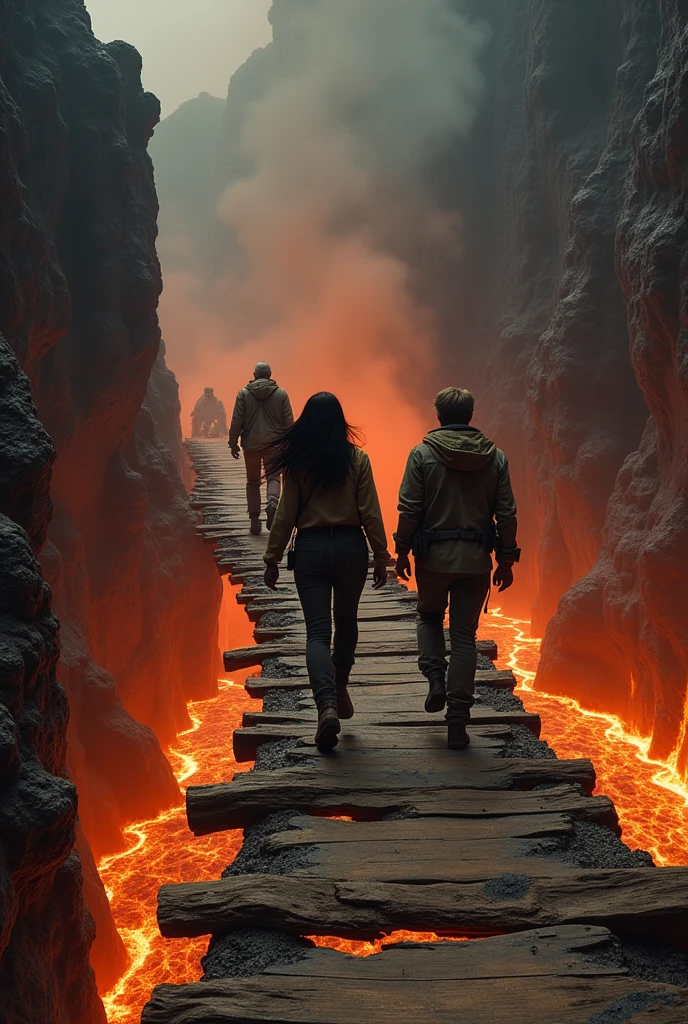 A huge wooden bridge in poor condition connected to a cave and another cave and under the bridge there is a river of lava. And three scientists crossing one to the other end of the bridge, one in the middle and the other at the beginning of the bridge.. They are a man, a woman with loose black hair and an old man.