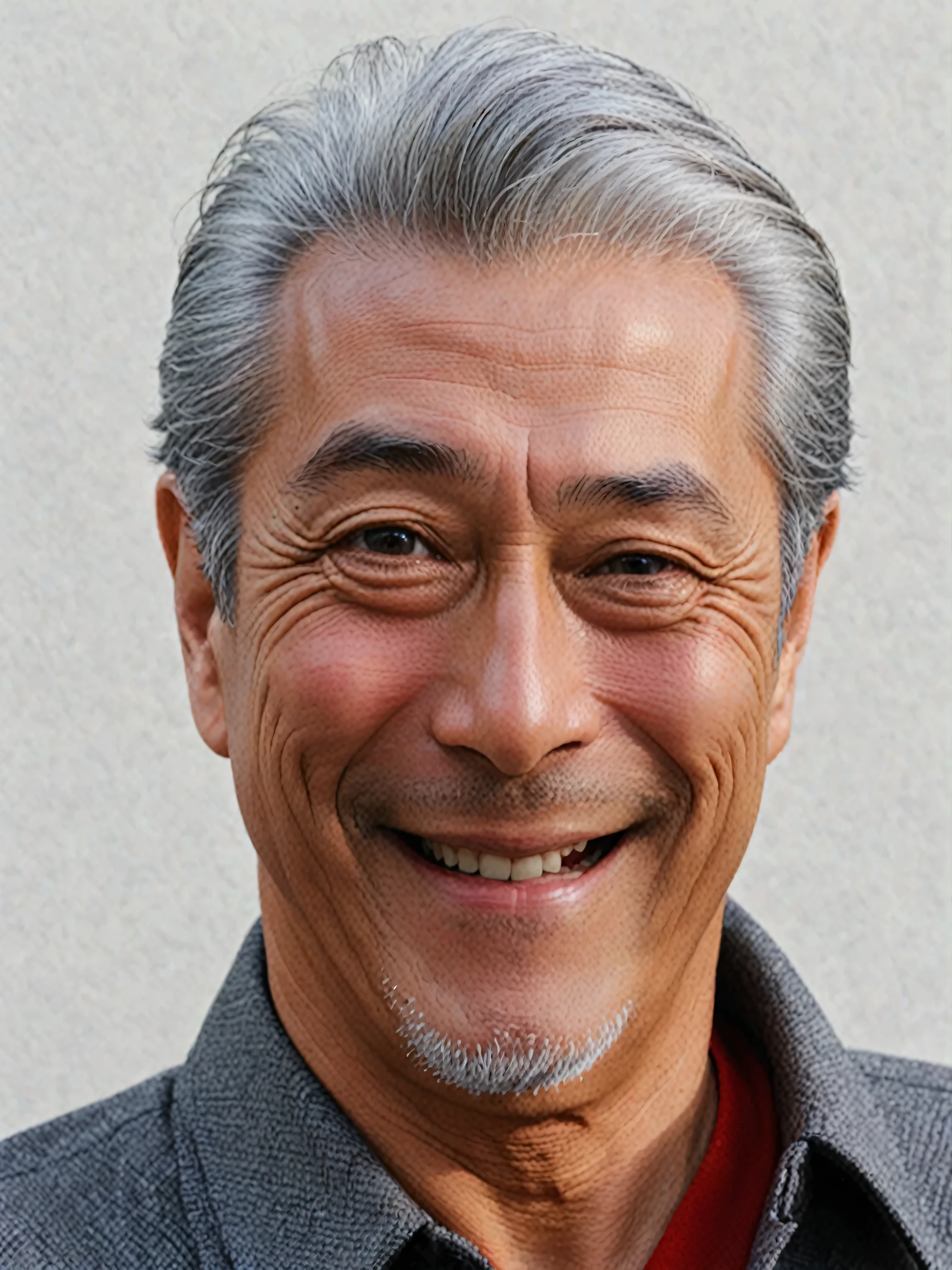 Gray hair, wearing a red shirt、Smiling man wearing a grey jacket, Takada Junji,Illustrated style