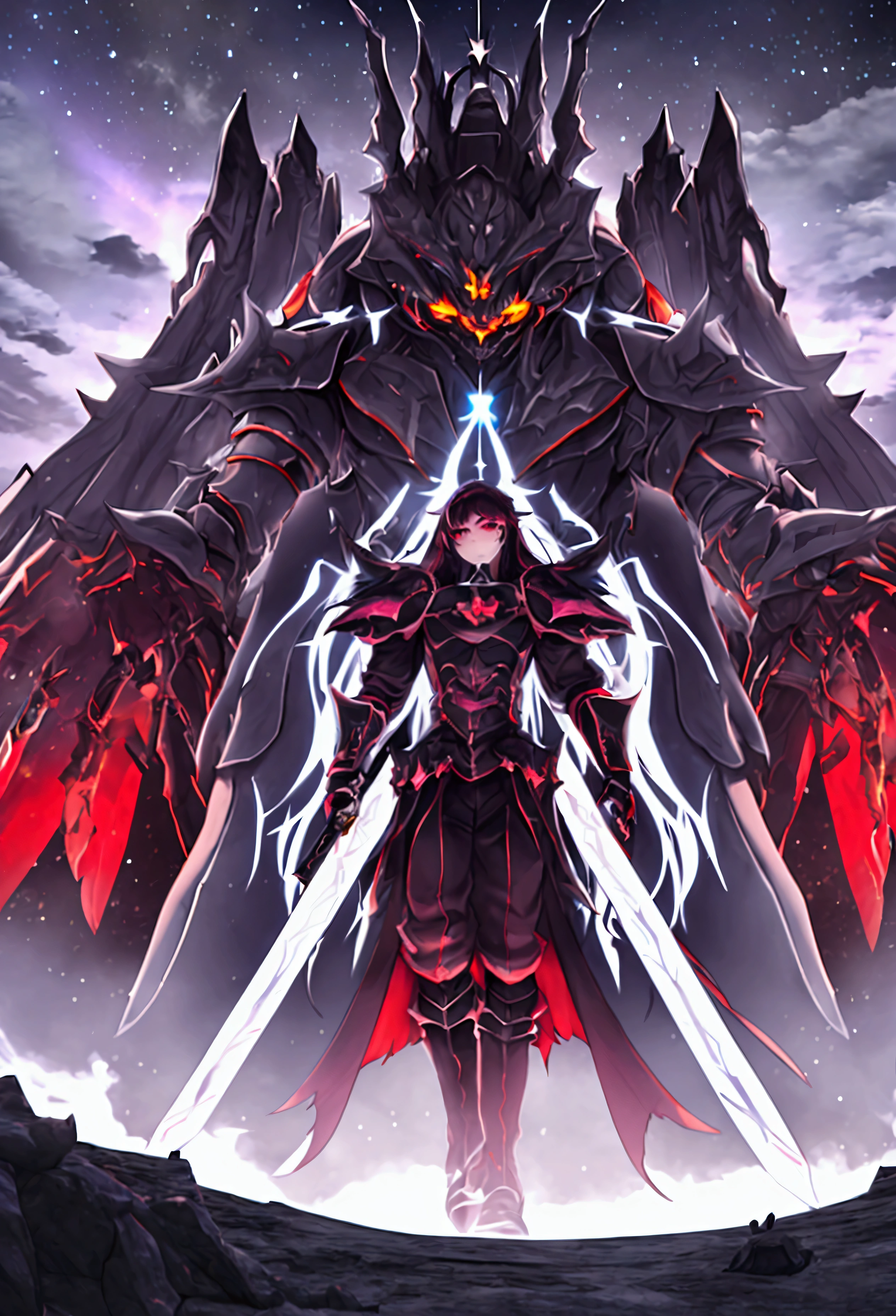 Capture an imposing hero on top of a mountain, northern lights, luminous armor, heavenly lights, holding a sword of light, (old book), (mystical power), ao redor, (Nephilims), (dark creatures), (grimdark), (field of battle), (full of weathered rocks), (ancient trees), (rivers of neon light), (cor predominate: black and red), The glorious dawn begins to appear on the horizon, bathing the scene in vibrant shades of yellow, purple, and blue, (epic atmosphere), (detailed), (4k Ultra Resolution).