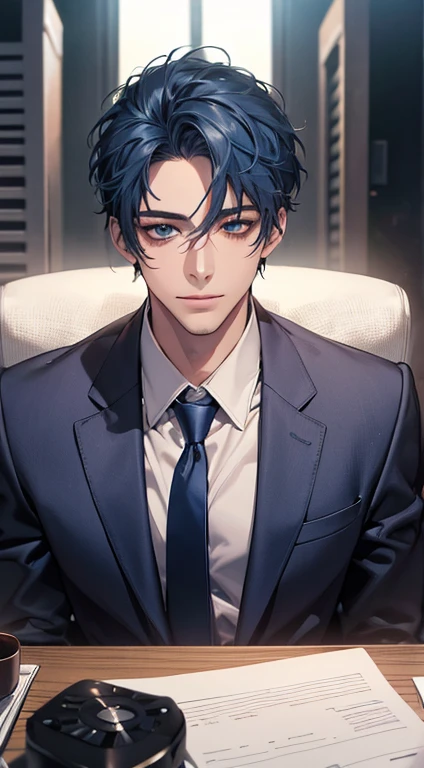 (Highest quality,4K,8K,High resolution,masterpiece:1.2),Super detailed,(Realistic,photoRealistic,photo-Realistic:1.37),1 person,31 years old,Mature Men,Beautiful skin、very handsome,Expressionless,smile,Short blue hair,blue eyes,Sharp Eyes,A perfect face without a doubt,Businessman,Office Background,Cinema Lighting,HDR image,tie、