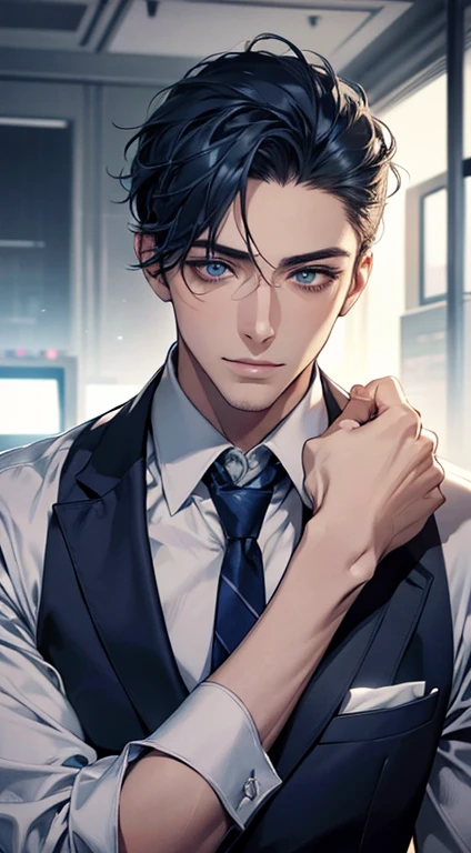 (Highest quality,4K,8K,High resolution,masterpiece:1.2),Super detailed,(Realistic,photoRealistic,photo-Realistic:1.37),1 person,31 years old,Mature Men,Beautiful skin、very handsome,Expressionless,smile,Short blue hair,blue eyes,Sharp Eyes,A perfect face without a doubt,Businessman,Office Background,Cinema Lighting,HDR image,tie、