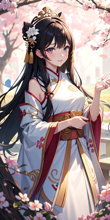 Excellent quality, work of art, High Resolutiabout, 1 girl, blush, (charming smile: 0.8), star eyes, Chinese Hanfu, hair accessories, jewerly, Beauthfull, about_cos, Tyndall effect, realisitic, Peach Blossom Forest, clear edge, Two-taboute Lighting, (high detail skin: 1.2), 8k hd, dslr, smooth light, high qualiy, volumetric lighting, Voyeur, photoshot, High Resolutiabout, 4K, 8k, background blur