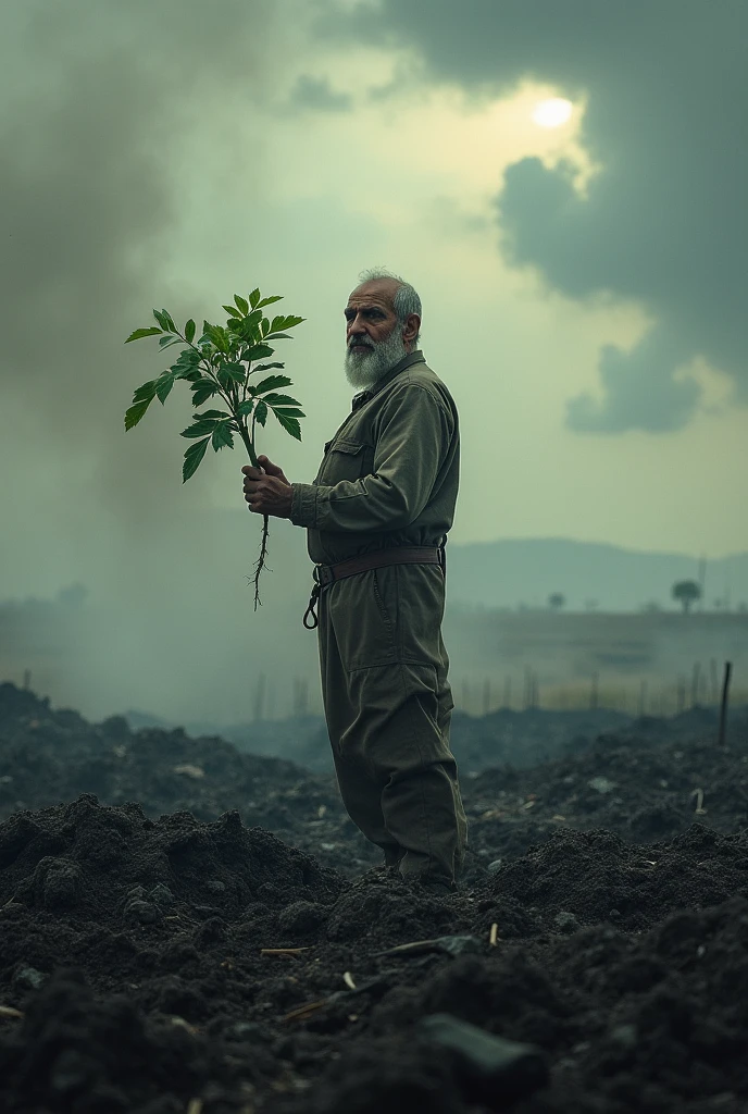 Farmer in the middle of a burning field burned by pollution with a plant in his hands looking ahead