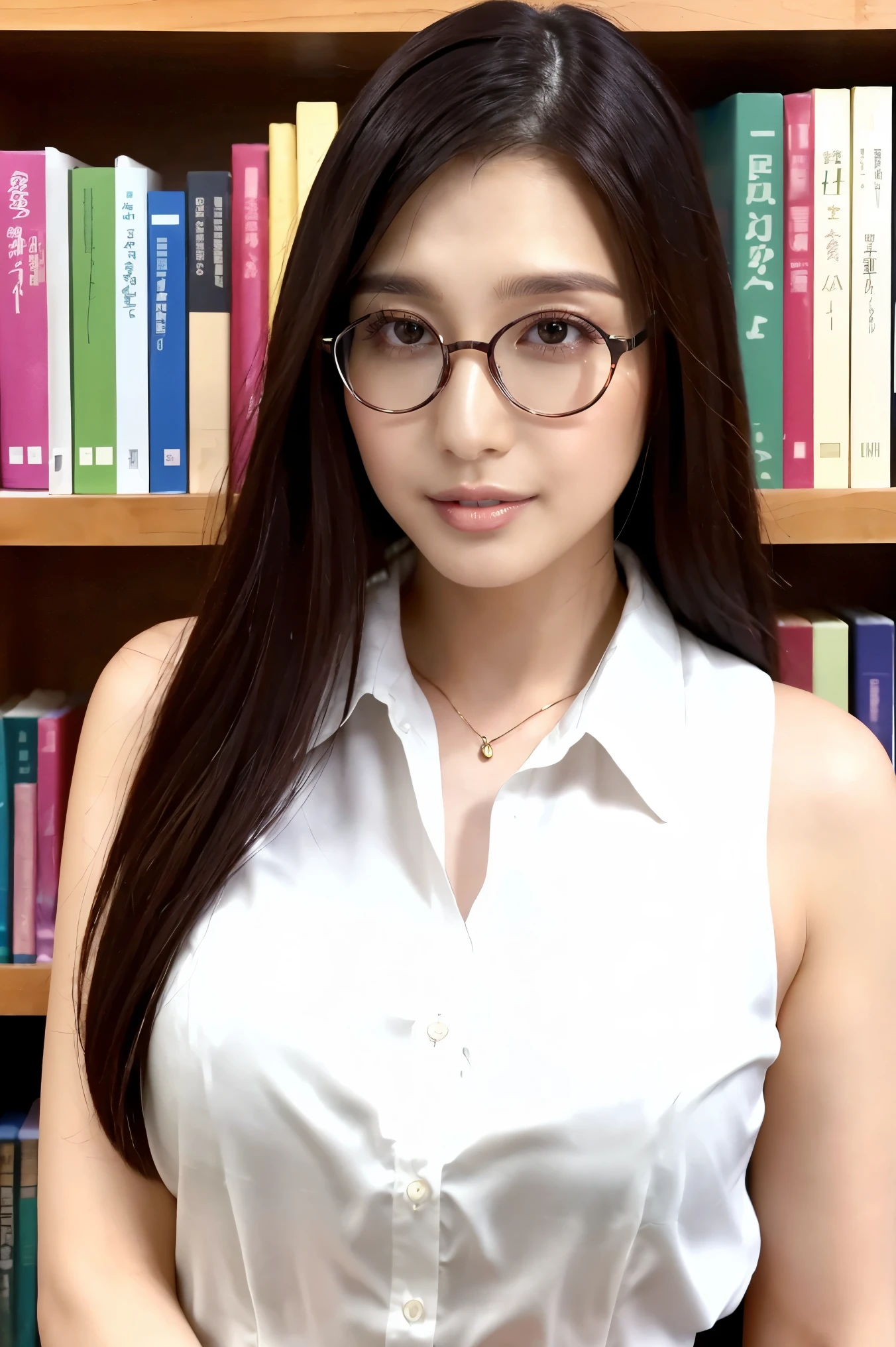 (Highest quality、Tabletop、8k、Award-winning works、Ultra-high resolution、Best image quality)、One beautiful woman、(The perfect sleeveless white collared blouse:1.3)、(Large Breasts:1.3)、(Accentuate your body lines:1.1)、(Elegant glasses:1.2)、library、(Standing Elegantly:1.1)、(Strongly blurred background:1.1)、Stand next to a bookshelf、(Perfectly organized bookshelf:1.1)、Bookshelf in the background、居心地の良いlibrary、lipstick、Long eyelashes、Perfect Makeup、Emphasize lines、Soft and warm lighting、Detailed bookshelf、(Ultra-high resolutionの正確な美しい髪:1.1)、(Accurate anatomy:1.2)、Ultra-high definition beautiful eyes、(Super bright and radiant skin:1.1)、(Face close-up:1.1)、(Expressionless:1.2)、expose forehead、(nose:1.2)