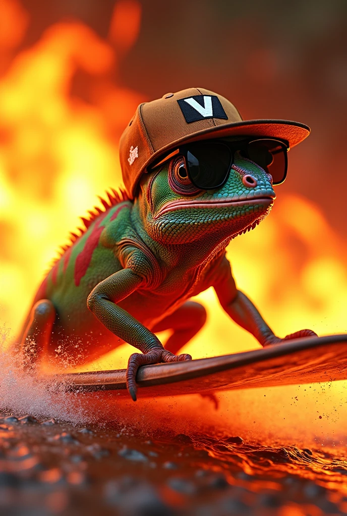 
chameleon, surfing clothes, glasses, hat with V, V-neck collar, a V-shaped fire board, the background of the image fire without water 