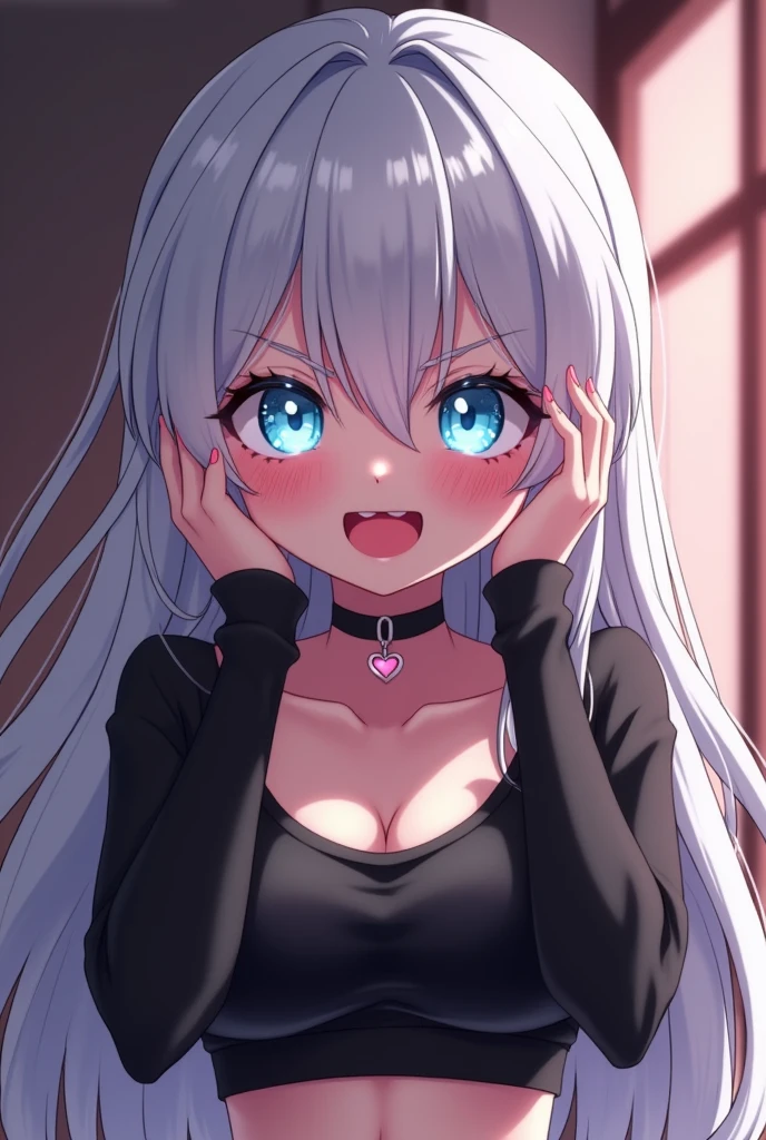 Cute yandere anime girl,,heart shaped pupils,,holding own face((withbothhands)),,big breasts,,breathing heavily,,heavy smile,,glowing blue eyes,,long white hair,,wearing a crocktop,,black choker with a heart shaped((masterpiece 4k resolution ))((giant breasts)) black crocktop,,anime blush effect,,wide smile