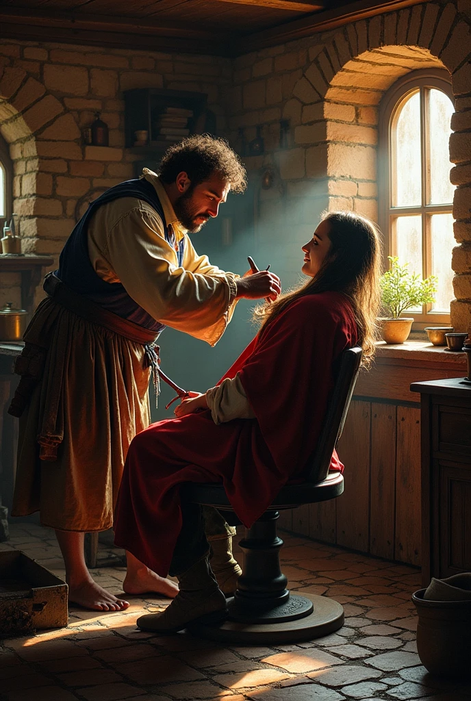 Barber in the Middle Ages cutting hair is a dirty brick house