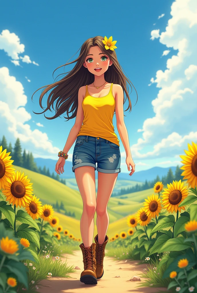 Make an anime-style Ukrainian girl in a yellow tank top and denim shorts with country boots and a single flower in her hair