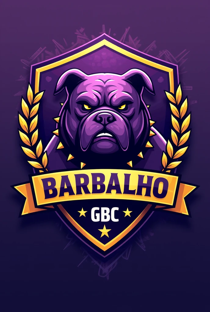 Create a perfect shield for a football team called Barbalho GBC in Portuguese, purple and gold colors, bulldog