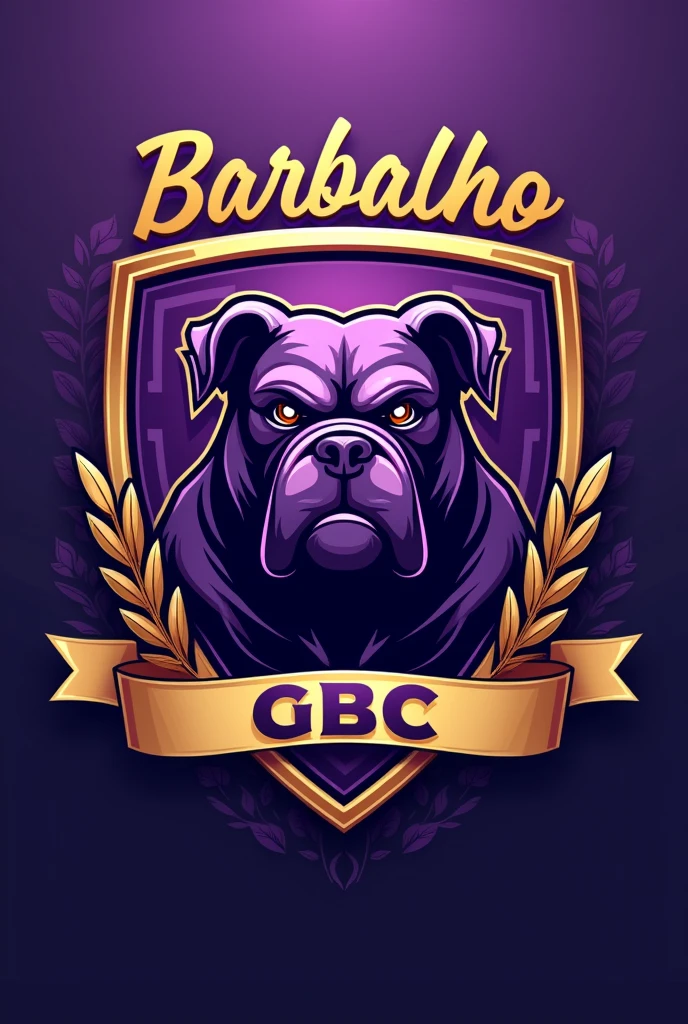 Create a perfect shield for a football team called Barbalho GBC in Portuguese, purple and gold colors, bulldog
