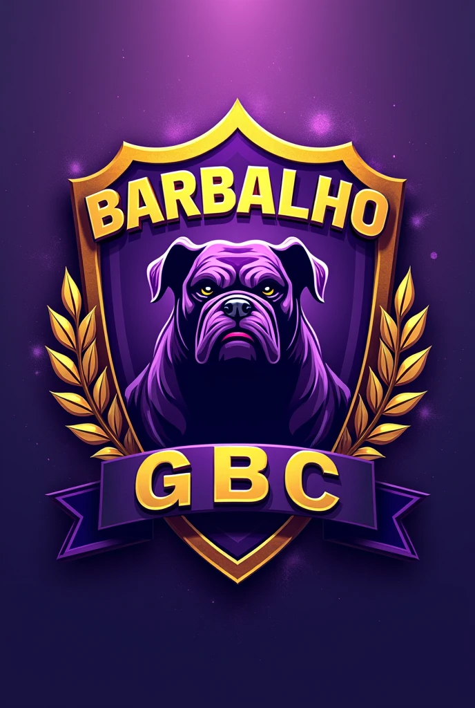 Create a perfect shield for a football team called Barbalho GBC in Portuguese, purple and gold colors, bulldog
