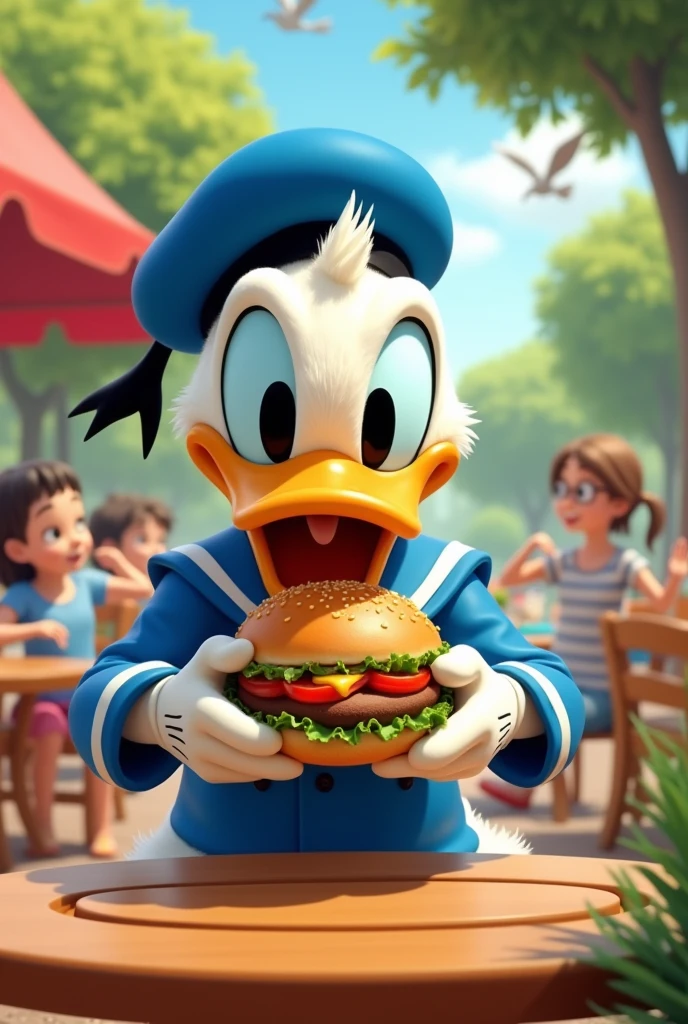 Donald Duck eating a burger with sesame seed bun