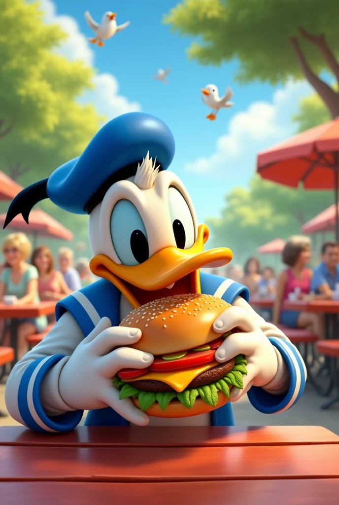 Donald Duck eating a burger with sesame seed bun