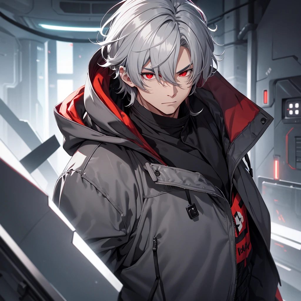 make a man with medium gray hair, black coat with hood and red eyes. will be in a futuristic setting