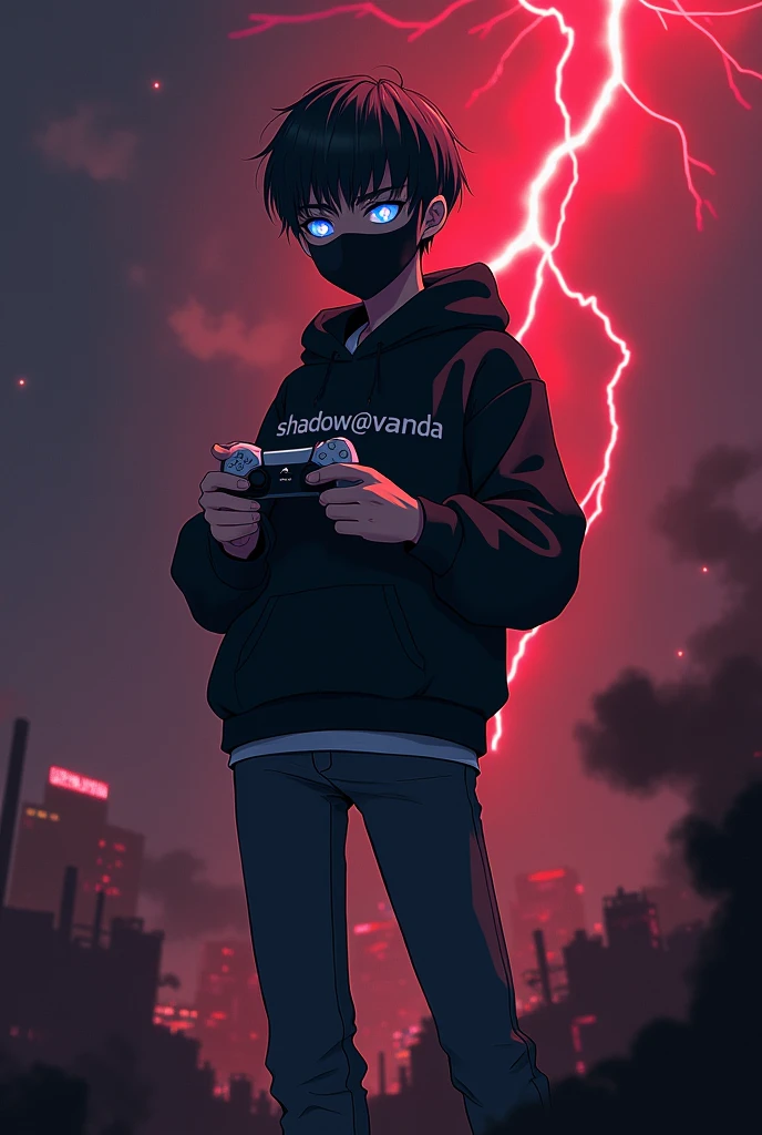 A shadow teen boy holding a PlayStation 5 controller ,anime style, while standing on a while standing on a shadow people, wearing a skinny jean,black hoodie written shadow@vanda,dark smoke arising in the background,with small blue glowing eyes with blue flame,with a small french crop hair style ,wear a facemask ultra hd ,side ways view , with red lightening 
