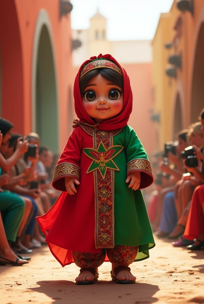 Cute Morocco flag emoji wearing traditional Berber costume and traditional hat in a realistic full body fashion show