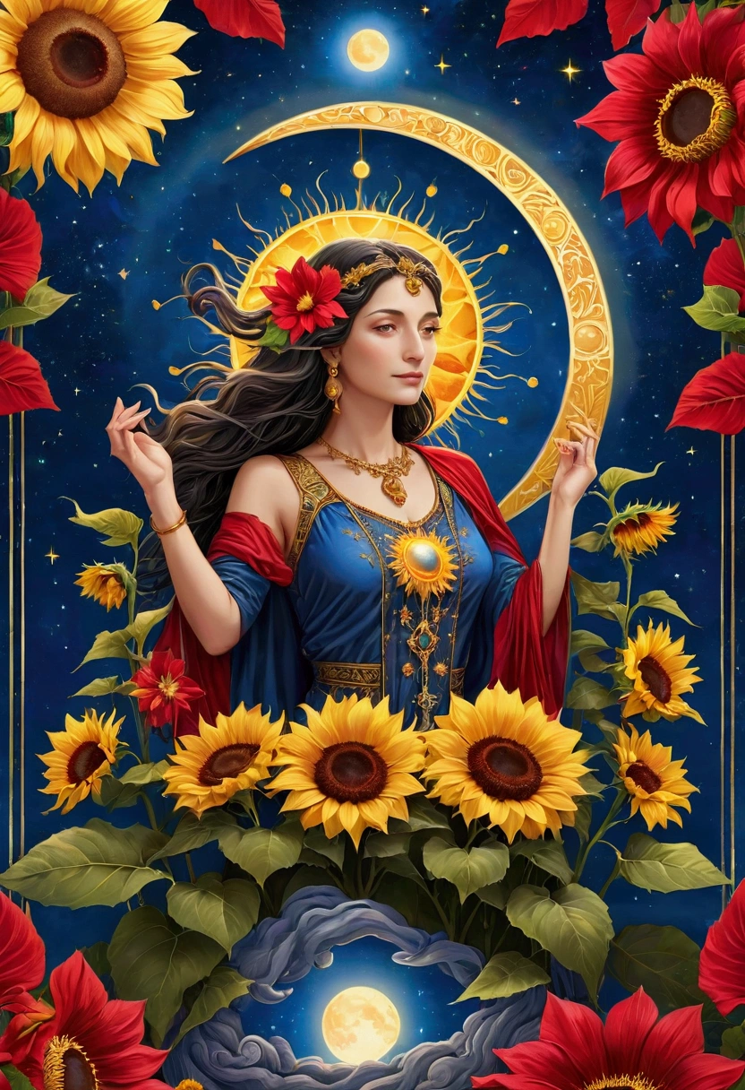 Description: The tarot cards &#39;The Sun&#39; and &#39;The Moon&#39; are placed side by side, surrounded by golden sunflowers and red hibiscus flowers. A deep blue, starry sky serves as the backdrop., as rays of sun and moon intertwine, Creating a perfect balance between light and shadow. This image symbolizes harmony between the opposing forces of life., with a powerful message of love, balance and hope.
