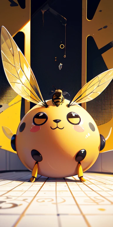 Cute little bee creature, sad, upset, cuteness overload, damaged bee wings, sign saying 'lost my BUZZ' masterpiece, small centered composition, product shot,  wallpaper art, Rule of Thirds, delicate,lovable, tiny, best, dynamic composition, magnificent, intense, perfect background, bees happily flying in the background