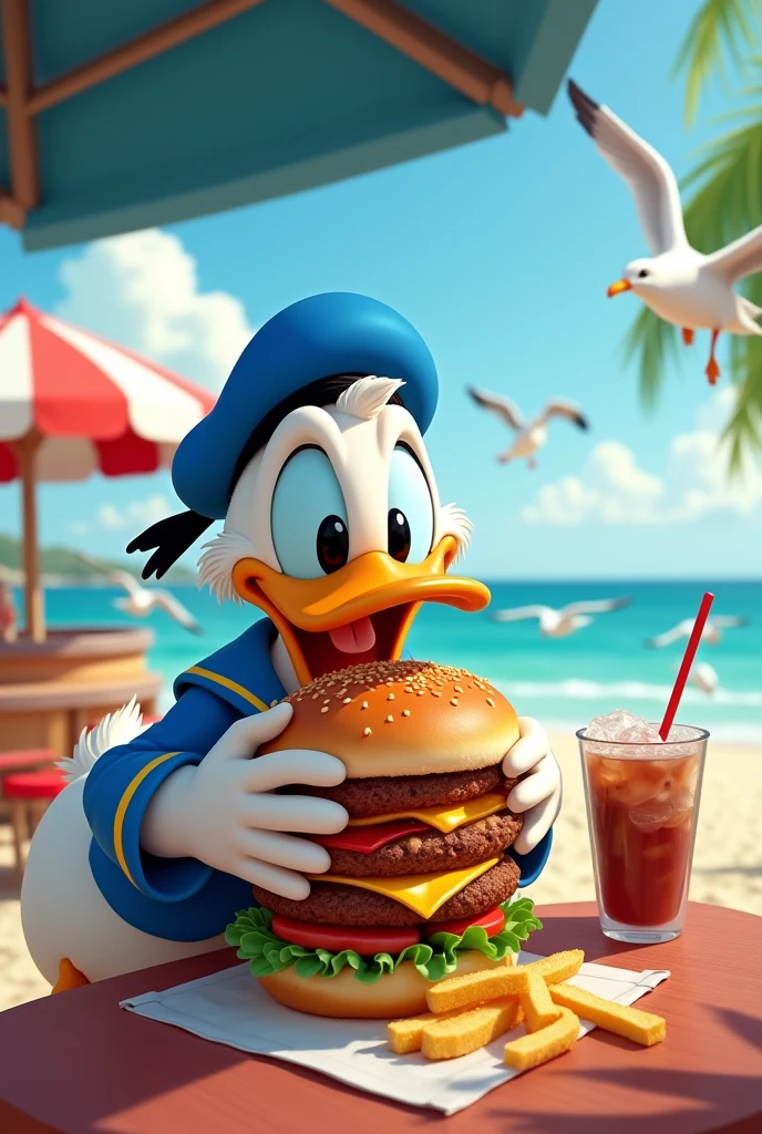 Donald Duck eating a burger with sesame seed bun