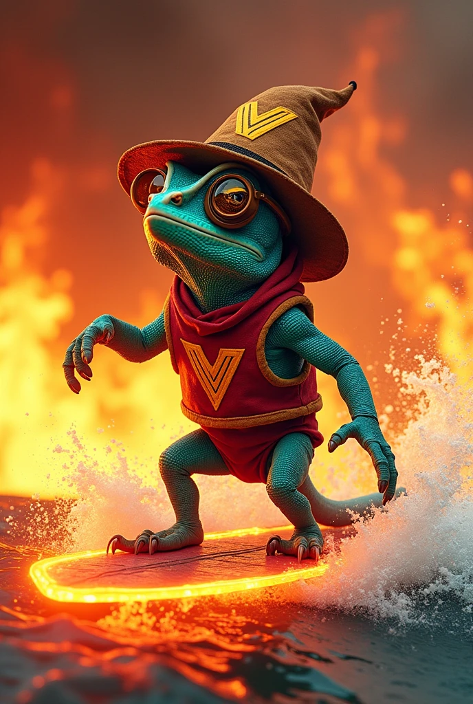 chameleon, surfing clothes, glasses, hat with V, V-neck collar, a V-shaped fire board, the background of the image fire without water