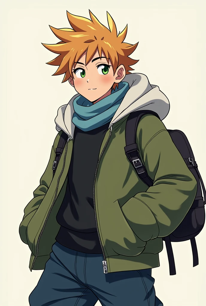all-body, bionde, Athletic, adolescente Halfling, green colored eyes, blue scarf, white sweatshirt with green hood , Black boots, handbag, アニメ, 4K, epic