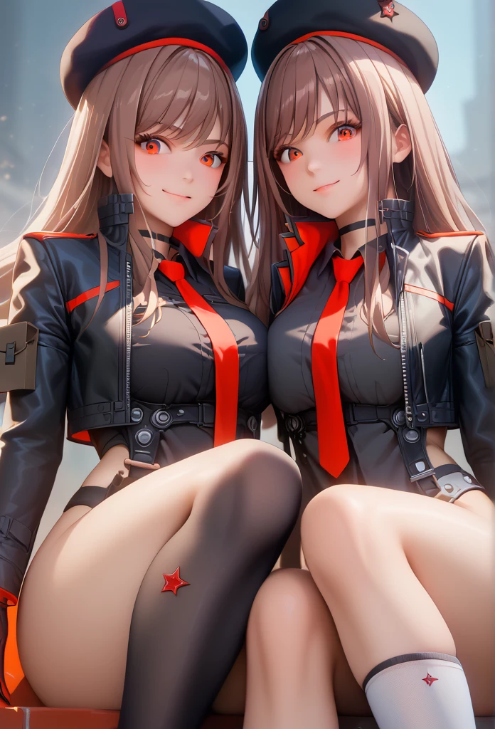 Lapidev, Red eyes, Brown Hair, Long Hair, bangs, beret, Black jacket, Cropped jacket, Red tie, gloves, Black Shirt, 
Knee socks,9,score_8_superior,score_7_superior,masterpiece,最高quality,Perfect Anatomy,so beautiful,Official Art,8k,Shiny_skin,fair_skin,white_skin、Thighs:1.4,Large Breasts:2.2,,choker、Squat、The body is facing forward、Symmetrical, Blushing, smile, High resolution, Anatomically correct, 最高quality, High-resolution model, High detail, quality, 高quality, Ultra high definition, Very detailed, 質感のあるskin, Gaze, 