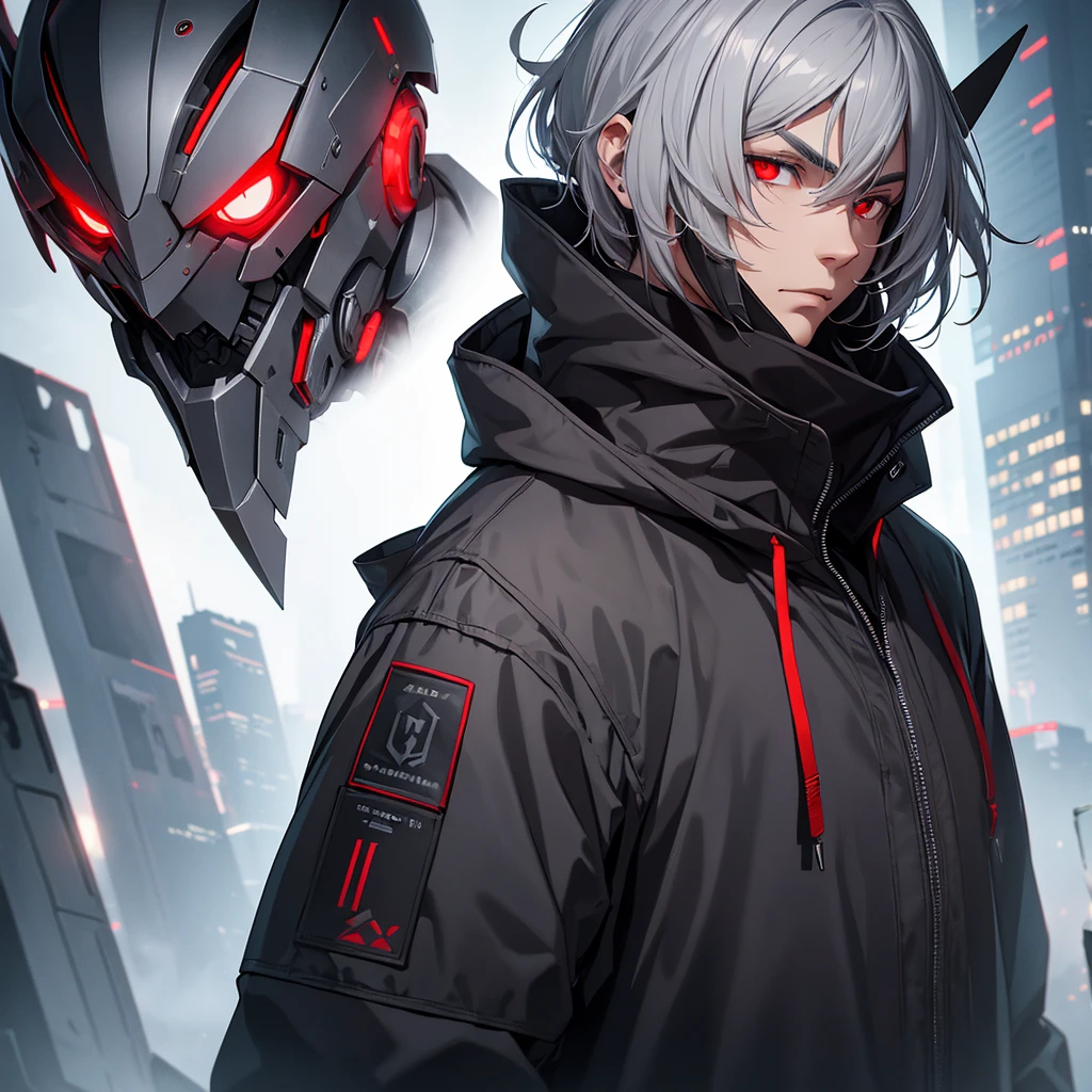 make a man with medium gray hair, black coat with hood and red eyes. will be in a futuristic setting