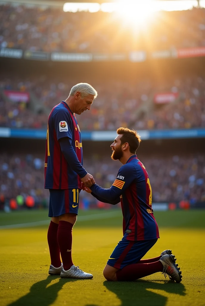 Messi kneeling before Ancelotti