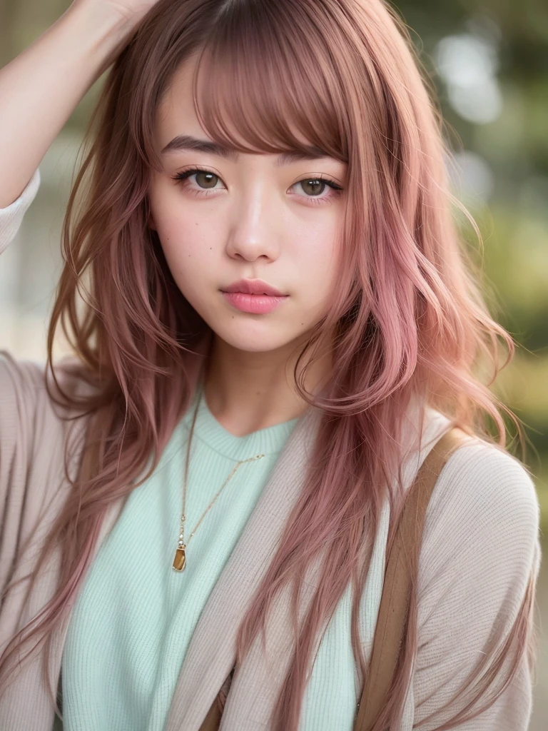 A young, 21-year-old influencer with a beautiful porcelain face, naturally pink lips, expressive brown or green eyes and long, wavy pastel pink hair.  Her style is modern, elegant and minimalist;  she often wears casual but stylish outfits.  The portrait should be a close-up of her face to show the subtle makeup that highlights her natural beauty.  Her appearance reflects a mix of European and East Asian descent, combining elements of both cultures.