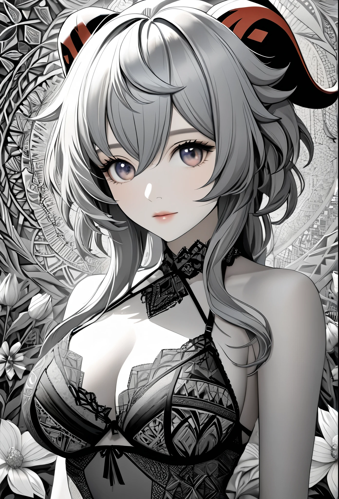 Ganyu, genshin impact, absurdres, highres, ultra detailed, ultra-detailed background, detailed background, extremly detailed, 1girl,bunch of flowers, (zentangle:1.2), (geometric:1.2), black and white color palette, monochromatic, big breasts, cleavage, sideboob, lingerie, realistic depiction, portrait, close up, straight on, 