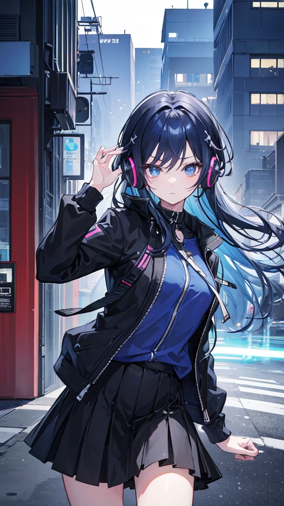 Create an anime girl that has black-blue hair That the hair is long and that it has blue eyes that has a black jacket and behind the jacket has a blue shirt that has a black skirt with blue lines And that she has black headphones on the side of her neck That the face and eyes above all are well detailed, that it appears on top of a building in a city at night, that it is in a pose that is turned and looking back With her hands in her jacket pockets as if she were waiting for someone to see her whole body and the point of view is from the floor to her