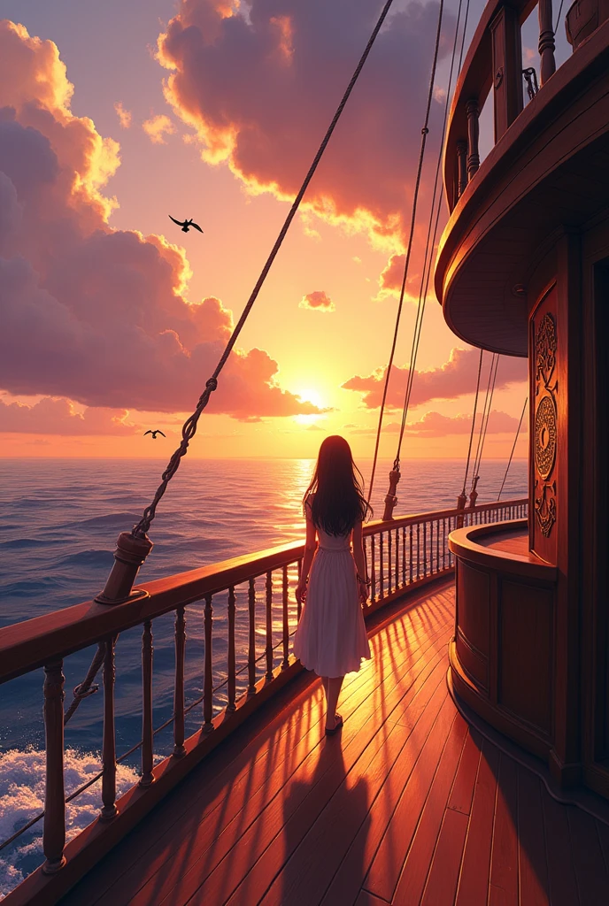 Nico Robin is walking on the deck of a ship, viewed from a side angle. The scene is beautifully illuminated, with a backdrop of a sparkling sea and a sky filled with the vibrant colors of sunset or sunrise. The ship features intricate design details, standing out against the shimmering scenery.