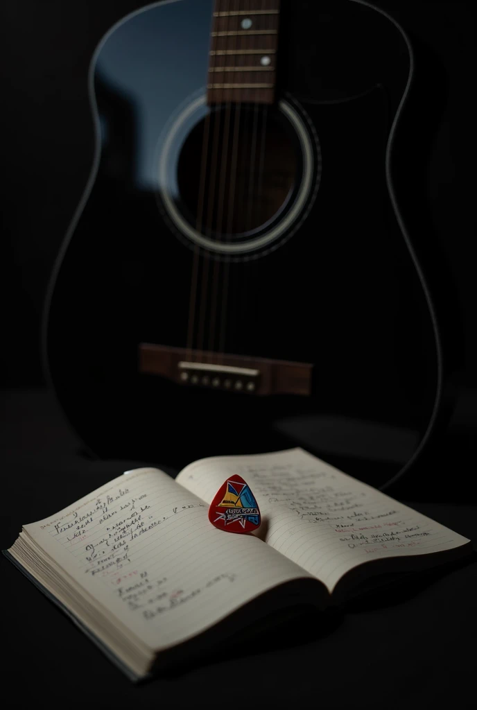 a black acustic guitar with a notebook next to it and a guitar pick on top of the notebook and no one just the guitar in a dark place with the acustic guitar lying down and the notebook on its side and a little close with the view a little higher looking like a drawing