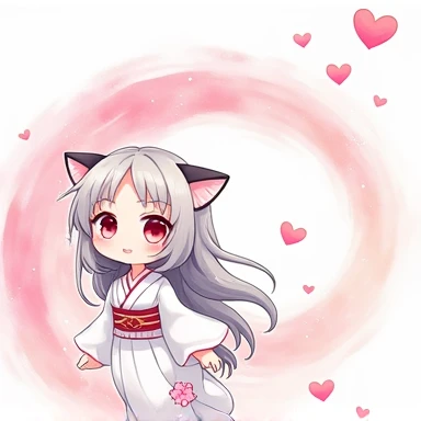 One Woman,Gray Hair,Cat ear,((Chibi Character)) Heterochromia iridis,Eye color,red,White kimono,Star Iris Background(Heart Background,Lots of hearts,pink,Watercolor style) Rampaging figure,cute,Please enter text in the bottom right corner of the fantasy image,A very popular font,